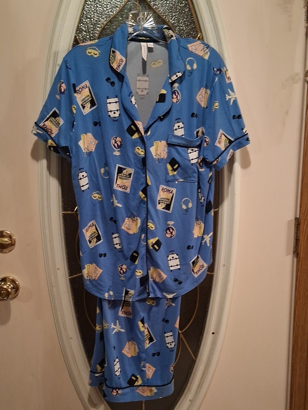Blue Woman Pajama Set with Travel Print